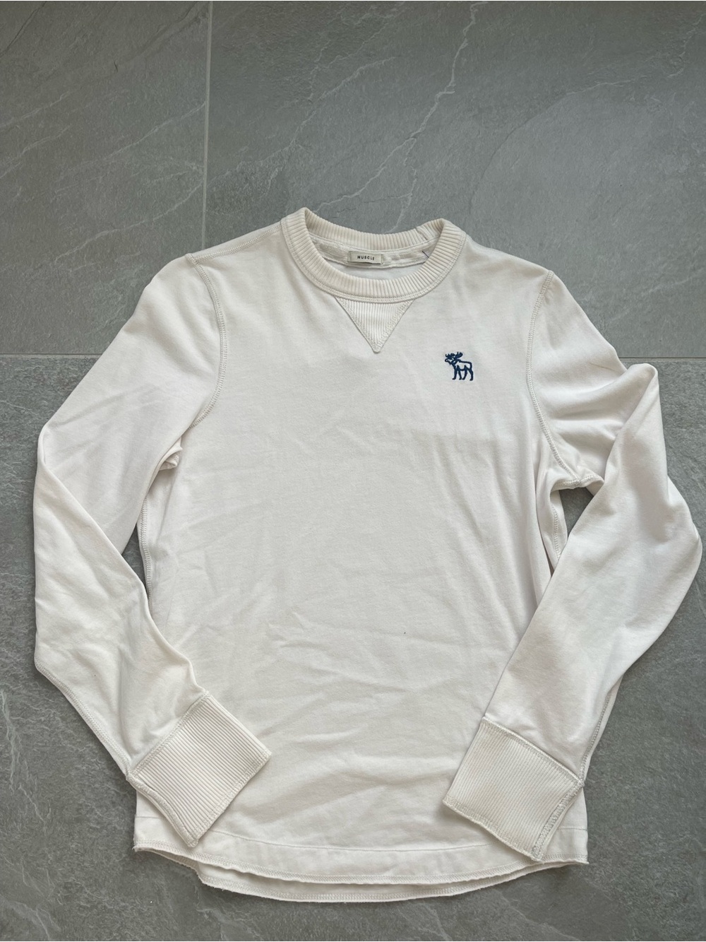 Abercrombie & Fitch Off-White Long Sleeve Crew with Navy Logo